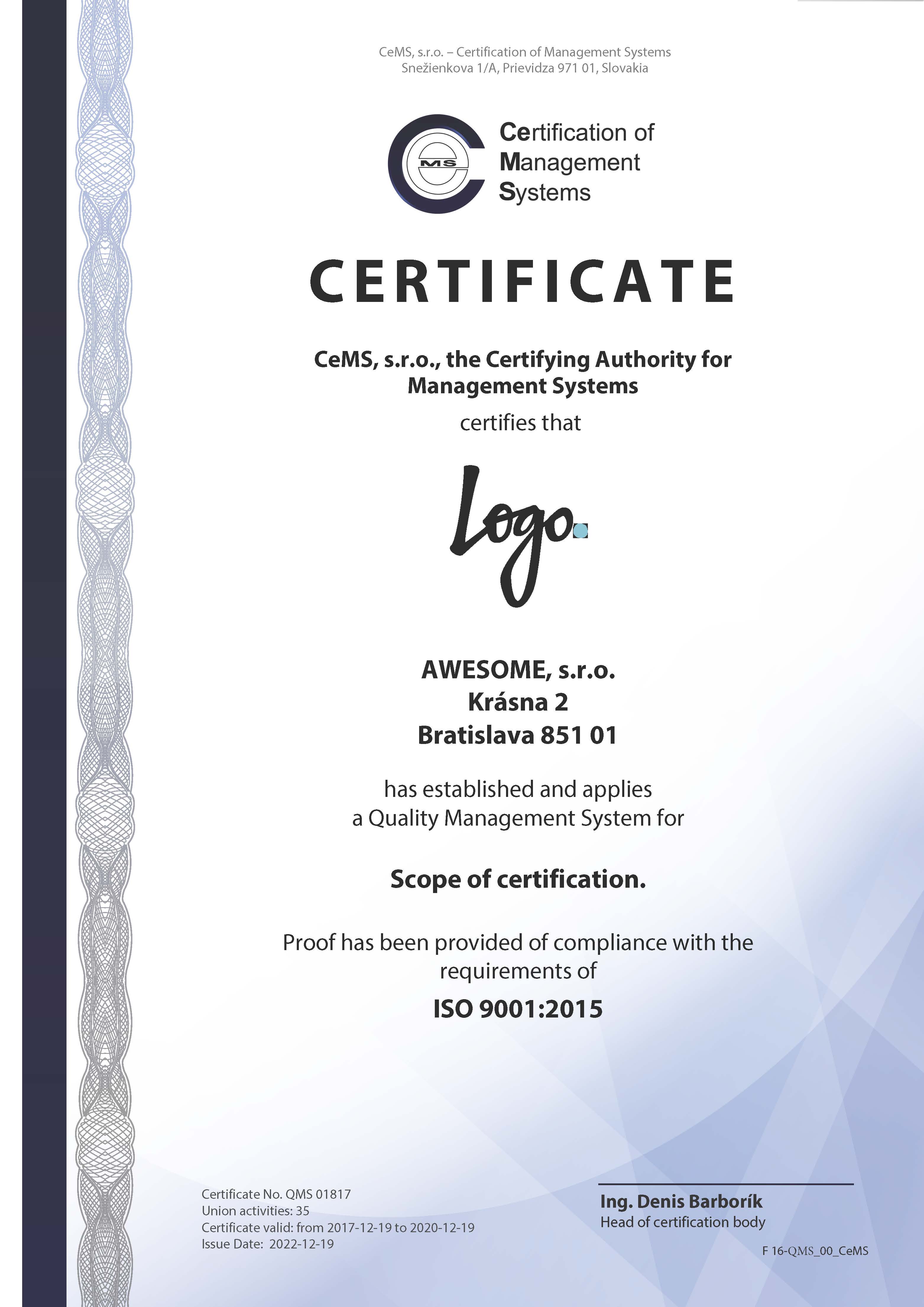 Certificate ISO 9001 by CeMS
